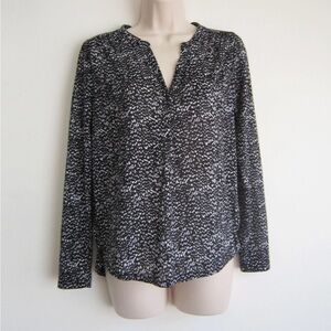 H&M Women's Slit Neck Dark Blue and White Long Sleeve Speckled Blouse ~ Size L